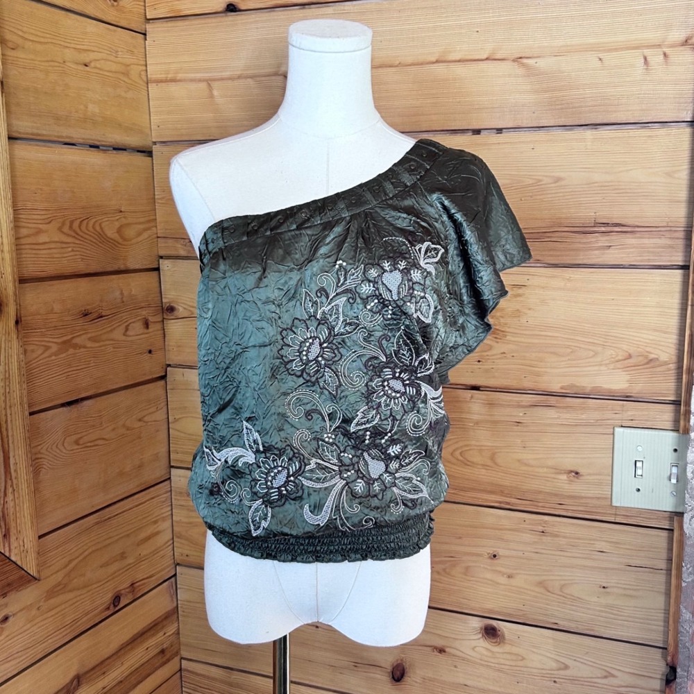 Vintage One Shoulder Top Womens Small Olive Green Metallic Sequin HeartSoul Y2K